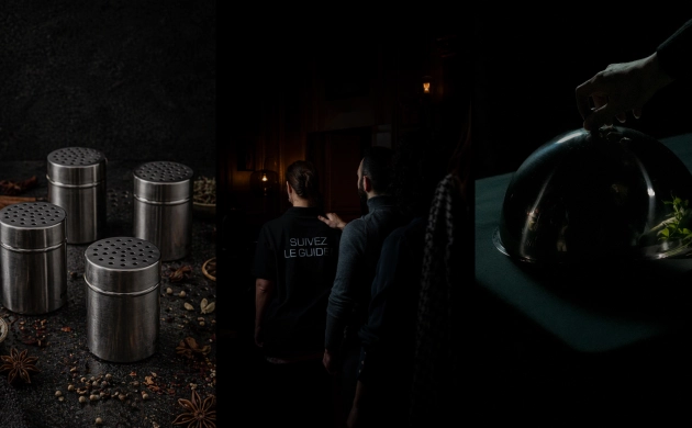 Visuel cadeau pour la fête des pères Dans le Noir ? avec verres de vin, plats gastronomiques et ambiance conviviale