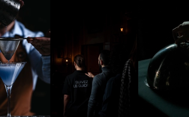 Expérience sensorielle Dans le Noir ? : préparation d’un cocktail, convives guidés dans l’obscurité et plat servi sous cloche.