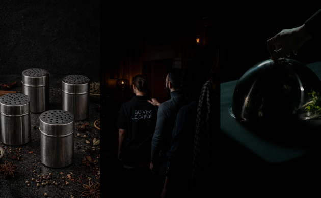 Visuel cadeau pour la fête des pères Dans le Noir ? avec verres de vin, plats gastronomiques et ambiance conviviale