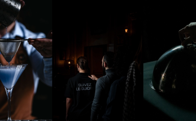 Expérience sensorielle Dans le Noir ? : préparation d’un cocktail, convives guidés dans l’obscurité et plat servi sous cloche.