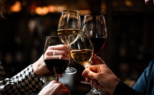 Groupe d’amis trinquant avec des verres de vin rouge et blanc dans une ambiance conviviale et festive.